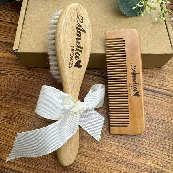 BMVDDFF Personalized Engraved Baby Hair Brush Set, Baby Shower Gift, Wooden Hair Comb,
