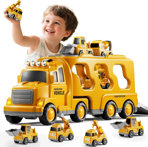 Set 1 2 3 4 5 6 7 8, Playset 2-4 4-7 Construction Truck Toys for Kids Aged Truck with Toy Car, Light and Sound, Movable
