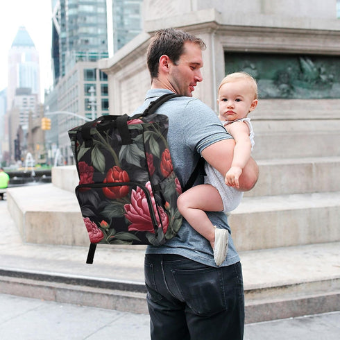 SPRIPORT Backpack Red Peonies Butterflies Diaper Bag for Baby Boys Girls Multifunction Travel Tote with Stroller Straps