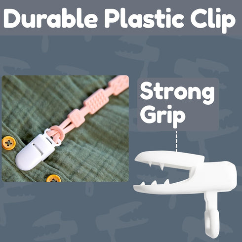 4 Silicone Pacifier Clip with Teething Textures, One-Piece Patented Design, Dishwasher Safe, Secure Plastic Clip, Fits