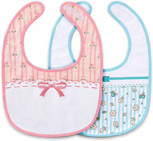 Littleforbig Cotton Waterproof Babydoll Printed Floral Adult Bib 2-Pack - Pink and Blue with Adjustable Velcro Closure