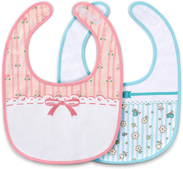 Littleforbig Cotton Waterproof Babydoll Printed Floral Adult Bib 2-Pack - Pink and Blue with Adjustable Velcro Closure