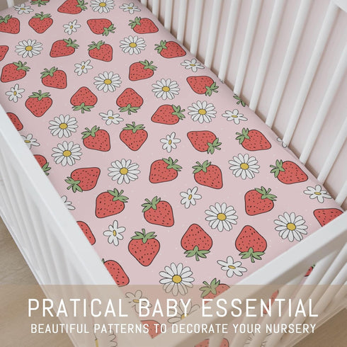 Selgkds 52''x28'' Summer Cute Strawberry Daisy Baby Crib Sheets for Boy Girl Red Strawberries Floral Soft Snug Fitted