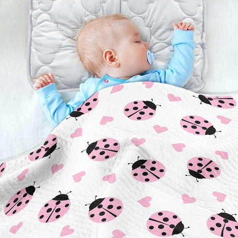KICPOAY Cute Ladybug Heart Pink Baby Swaddle Blanket for Boys and Girls, Muslin Baby Receiving Swaddle Blanket, Soft