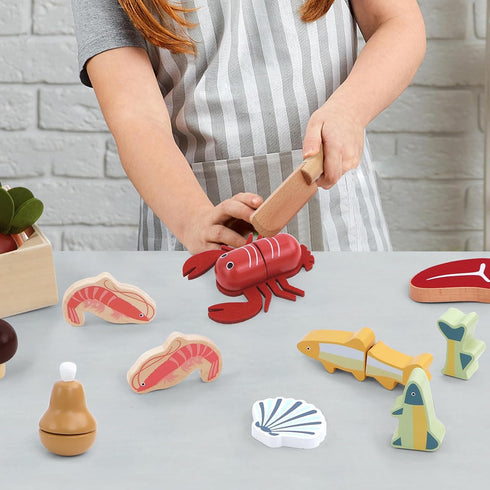 Set 3 PairPear Wooden Play Food Cutting Seafood - Toddlers Wooden Toy Food Pretend Play Kitchen Accessories for Years