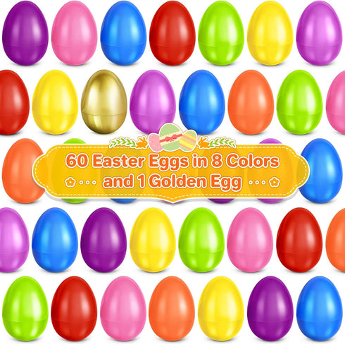 2.3 60 1 SpringFlower Unfilled Easter Eggs, pcs Colorful Egg Plus Golden Egg, Empty Plastic Eggs Fillable with Candy