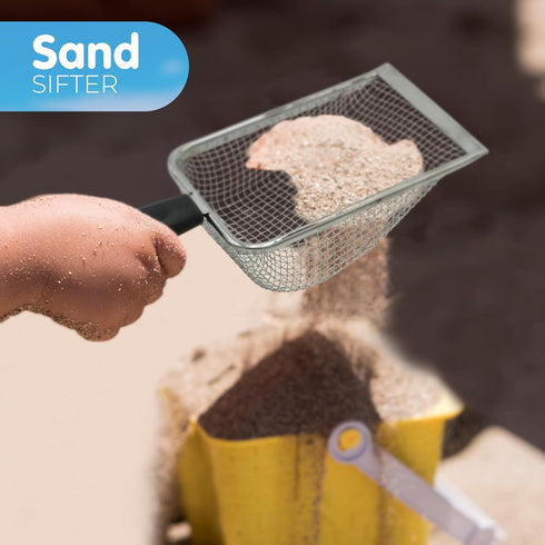 4E's Novelty 2X Shark Tooth Sifter for Beach with 2X Small Mesh Beach Bag for Shell Collecting, Metal Sand Scoop for