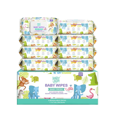HAPPY BUM Baby Wipes - Unscented Baby Wet Wipes, 8 Packs, 640 Count