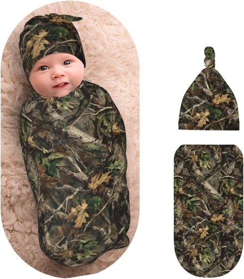 Nanyizly Camouflage Leaves Newborns Beanie Swaddle Blanket Set Baby Receiving Blankets for 0-6m