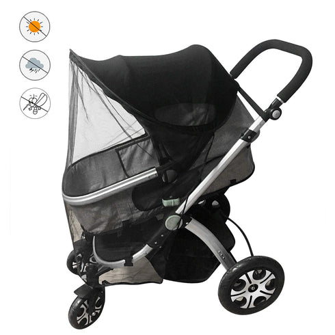 Universal Stroller Sun Cover UV Protection Baby Stroller Sun Shade Buggy Pram Sun Rain Shade Blackout Blind Canopy Cover Pushchair Sunblock Cover for Travel Park Zoo, black+mesh net