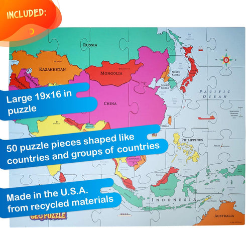 GeoToys GeoPuzzle Asia 50 Piece Geography Jigsaw Puzzle - Educational Kid Toys, Jumbo Size