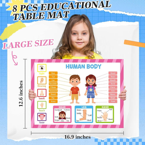 Mifoci 8 Pcs Educational Preschool Placemat Set - Reusable Washable Non-Slip Placemats for Kids Dining Table