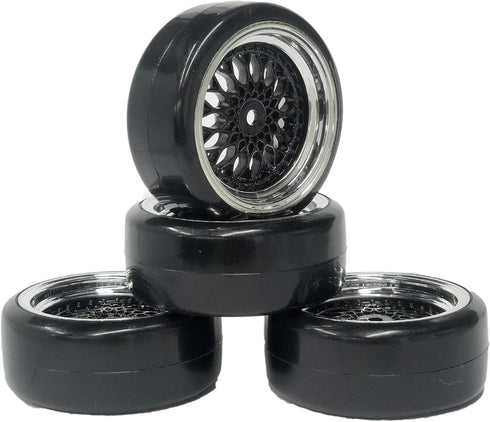 4PCS 1/10 RC Drift Car Tires Smooth Hard Tyre Plastic Plating Wheel Rims Set Replacement for Traxxas HSP Tamiya HPI Kyosho On-Road Drifting Car (Black Silver)