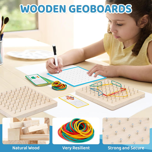 2Pack Wooden geoboards with Rubber Bands Montessori Toys, Mathematical Education Toy for Kids with Pattern Cards