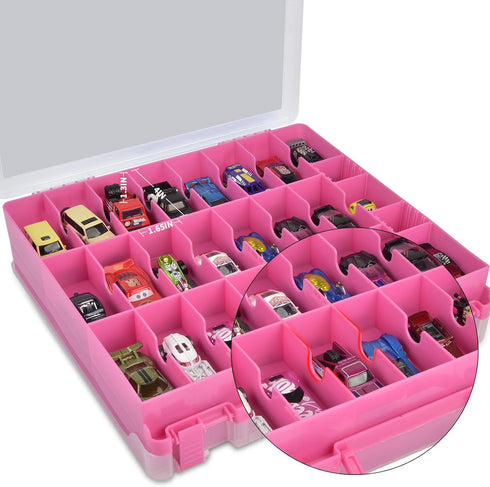 Toy Car Storage Organizer Case for Hot Wheels/Matchbox Cars, Double Sided Carrying Container with 48 Compartments