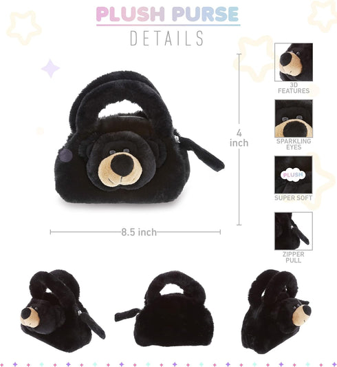 DolliBu Black Bear Plush Handbag - Super Soft Plush Stuffed Animal Purse for Children's Accessories, Kids Hand Bag Toy Purse, Pretend Play, Fluffy Dress Up Toy Purses For Girls & Boys