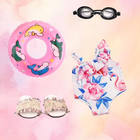 Doll Swimsuit Set for 18-Inch Doll, 7 Pcs Swimming Accessories, Bathing Suit, Goggles, Flip-Flops, Swim Ring