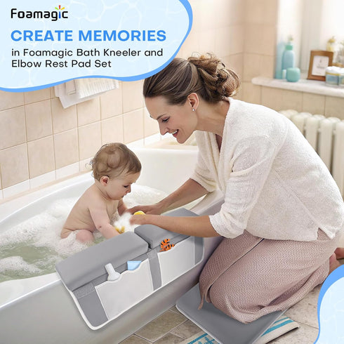 Elbow Set, Bath Kneeler and Rest Pad Comfortable Baby Bath Kneeling Pad for Tub with Toy Organizer Pockets, Non-Slip