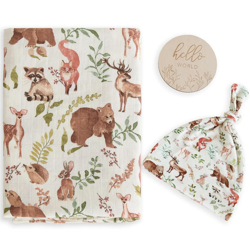 LifeTree Muslin Swaddle Blankets, Baby Boy Swaddle Blanket and Hat Set with Birth Announcement Card, Woodland Animals