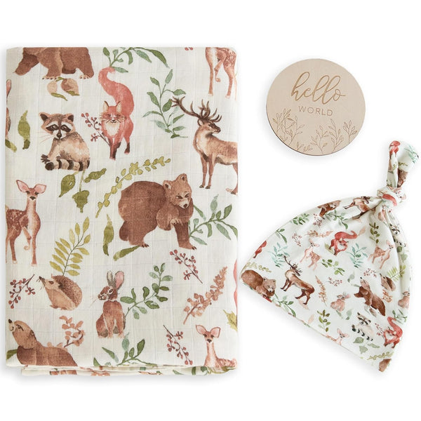LifeTree Muslin Swaddle Blankets, Baby Boy Swaddle Blanket and Hat Set with Birth Announcement Card, Woodland Animals
