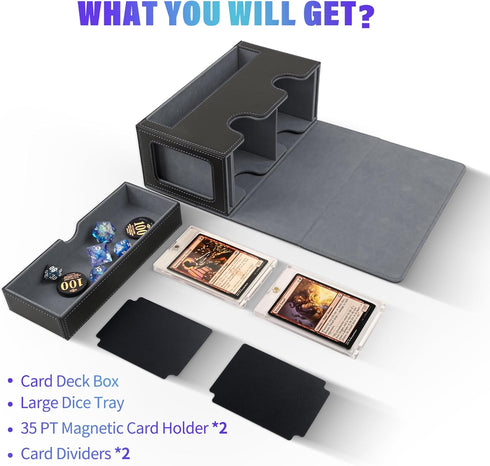 MTG Deck Box with 2 Commander Display and Dice Tray, Double Deck Box for 320+ Single Sleeved Cards, Leather Storage