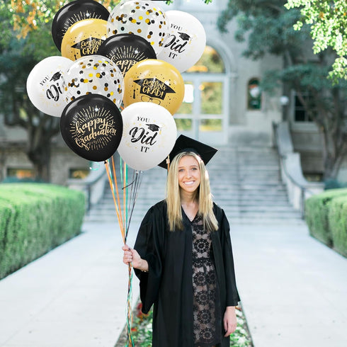75 Pack Graduation Party Decorations, 12 Inch Black Gold Balloons with Balloon Ribbons for Graduation Party Supplies