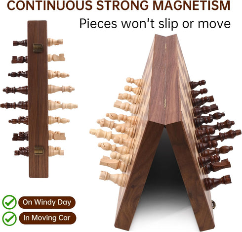 Ajedrez Set, 15" 2 Magnetic Wooden Chess Walnut Folding Chess Board with Handcrafted Pieces Extra Queens, Portable