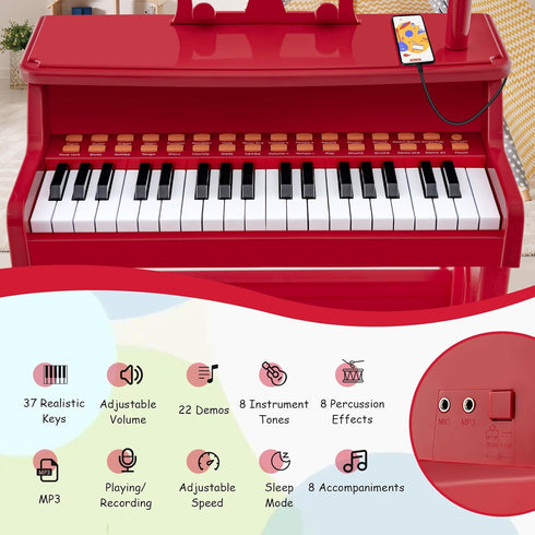 37-Key HONEY JOY Kids Piano, Red Kids Keyboard Piano w/ Music Stand & Bench, Gift for Babies w/ Microphone, Portable