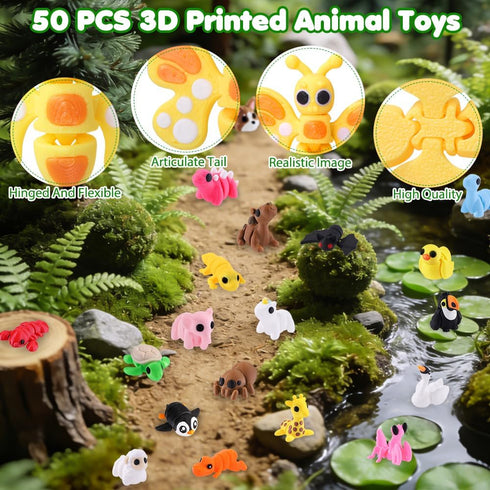 50 3D Set, JOICEE Pcs Mini Printed Animal Figurines Articulated Flexible Fidget Toys Cute Desk Pets Decor for Kids