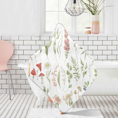 Pigsaly 30 30 Watercolor Wild Flowers Hooded Baby Towel Meadow Herbs Leaves Baby Bath Towel Unisex Soft Organic Cotton