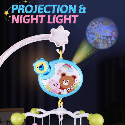 Crib Mobile with Music and Lights, Baby Mobiles for Cribs, Nursery Musical Mobile for Bassinets Toys Hanging Girls Boys, Pack and Play Space Portable Animal Mobile Hanger Arm Clip On Attachment