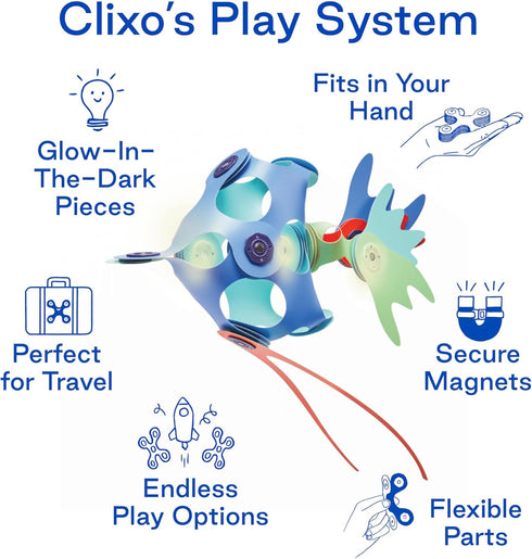 Clixo Ocean Creatures Pack - Glow-in-The-Dark Magnetic Building Toy, 24 Flexible Magnet Pieces for Underwater