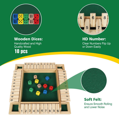 Shut The Box Dice Game - 12 inch Traditional Wooden Math Board Game with 8 Dice, 10 Numbers for 1-4 Players, Kids &