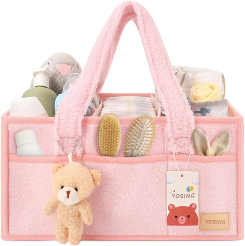 YOSING Cute and Playful Pink Diaper Caddy Organizer, 13 Compartments, Adjustable, Baby