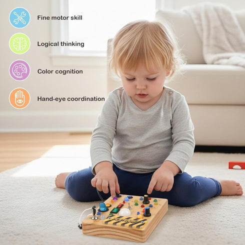 1-3,Montessori 1 2 3 LED Busy Board for Toddlers Sensory Toy with Key Switch and Plug, Light Up Wood Activity Switch