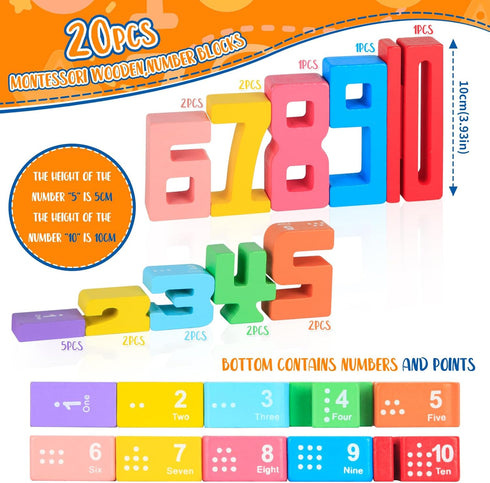 Niyopdg 20Pcs Blocks,1-10 Block,Counting 10 3+ Wooden Number Building Montessori Number Digital Number Blocks Toys