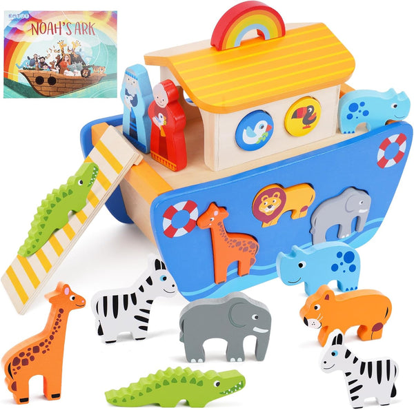 KMTJT Toddlers Wooden Noah's Ark Toy Animal Playset, Baptism Gifts for 1