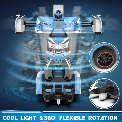 Transforming Police Car RC Toy, 1:18 Scale with Flashing Lights, 360° Rotation for Kids Age 4-12