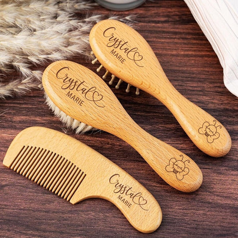 DOYOUWE Personalized Baby Hair Brush and Comb Set for Newborns - Bathing Wooden