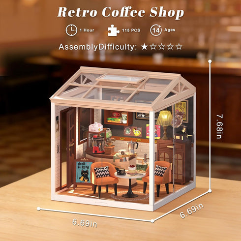 115 DIY Retro Coffee Shop Miniature House Kit, Pieces Mini Dollhouse with Furniture & LED Light with Roof & Dust Covers
