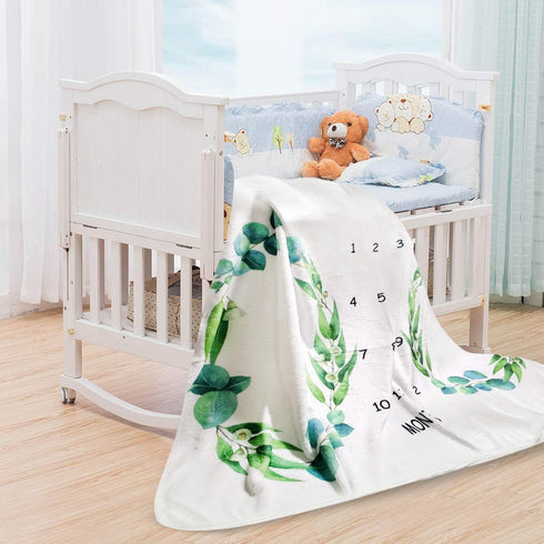 Baby Monthly Milestone Blanket for Twins, Unisex Neutral Personalized Shower Gift, 51"x40" Leaf Nursery Decor