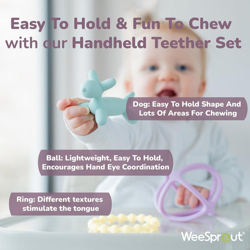 WeeSprout Silicone Baby Teether Toys for Infants and Toddlers - Cute Ring, Puppy Dog, and Ball, BPA Free (Matte Dark