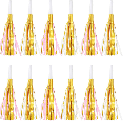 24 Pieces Gold Noise Makers Glitter Metallic Fringed Party Blowers, Pink Musical Blowouts for Birthday Baby Shower New