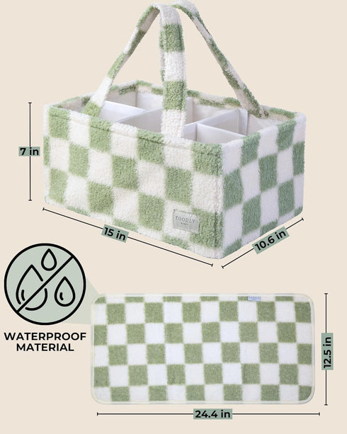 Checkered Diaper Caddy Organizer with Portable Changing Mat - Teddy Fleece Diaper Organizer for Changing Table - Caddy