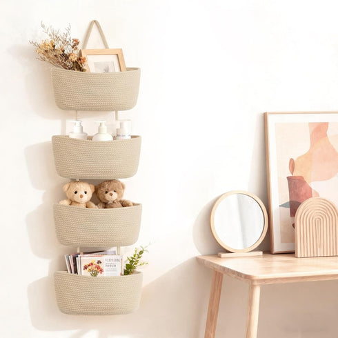 4-Tier Dahey Over The Door Hanging Basket Woven Boho Wall Mounted Storage Organizer with Hooks for Bedroom Nursery