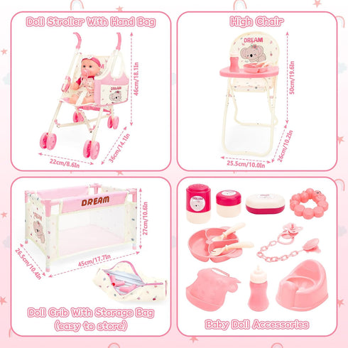 12" Set deAO Baby Doll Stroller Toys with Baby Doll Accessories Crib Bed High Chair Nursery Role Play Play Mat,Travel