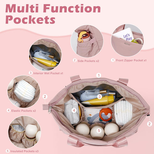 LONG VACATION Diaper Bag Tote Large Baby Diaper Tote Waterproof Travel Tote with Pacifier Case And Changing Pad (Pink)