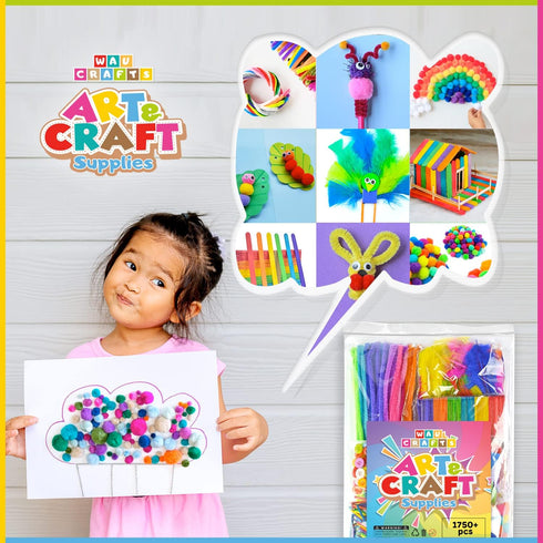 WAU CRAFTS 1750 pcs Arts and Crafts Supplies Set for Kids - Crafting for School, Kindergarten, and Homeschool