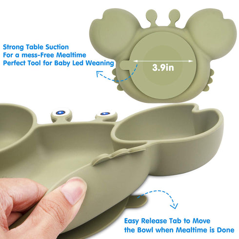 Silicone Suction Plate for Toddlers, Self Feeding Training Divided Dish and Bowl, BPA Free