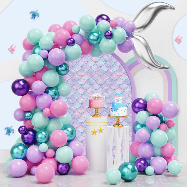 Mermaid Balloon Arch Kit, 122pcs Pink Purple Teal Balloons with Silver Tail Foil Balloon for Birthday Decorations